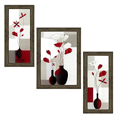 Indianara Set of 3 Flowers in Vases Framed Art Painting (0976EBY) without glass 6 X 13, 10.2 X 13, 6 X 13 INCH
