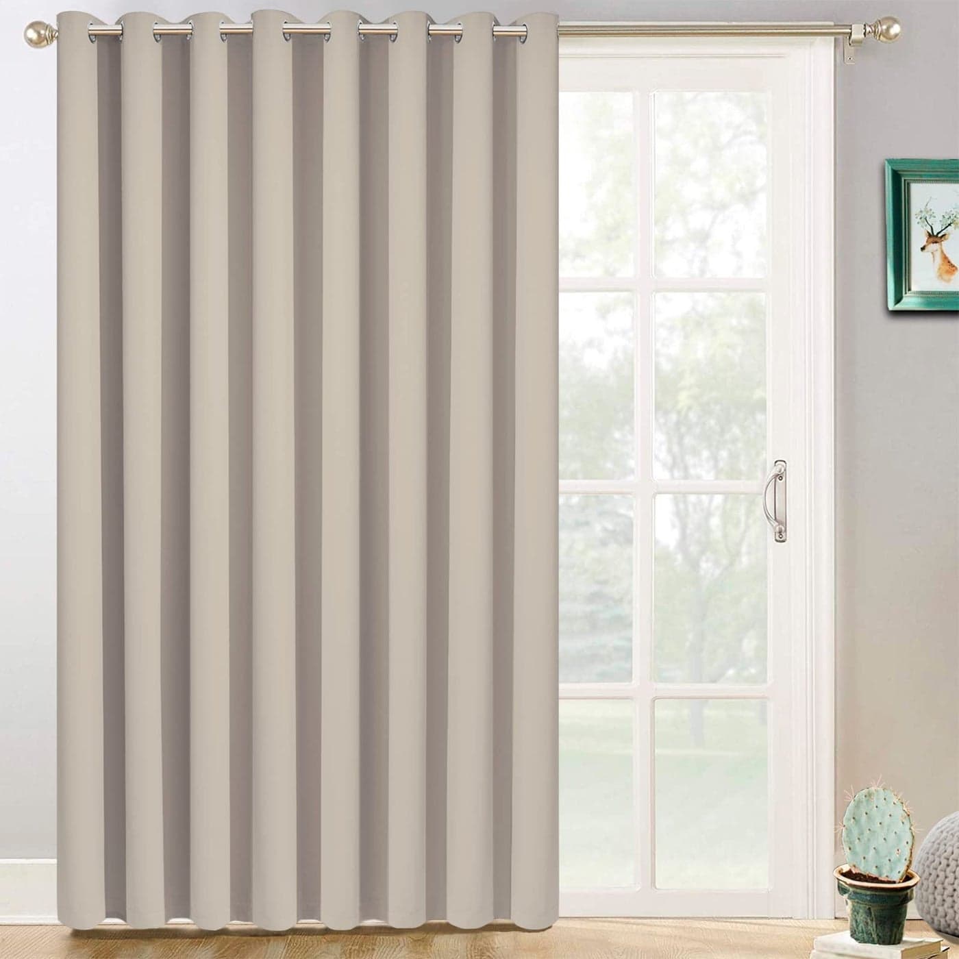 Yakamok Tatal Blackout Thermal Insulated Curtains Noise Reducing Barrier Panel for Sliding Glass Door Full Light Blocking Patio Door Extra Wide Curtains Natural W100 x L96 1 Panel