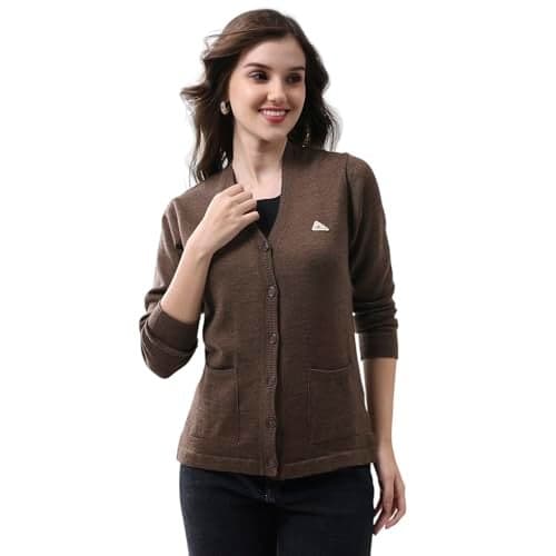 Monte Carlo Women V Neck Cardigan | Regular Fit Full Sleeve Solid Knitwear | Soft Winter Sweater for Casual & Office Wear Coffe L (Pack of 1)