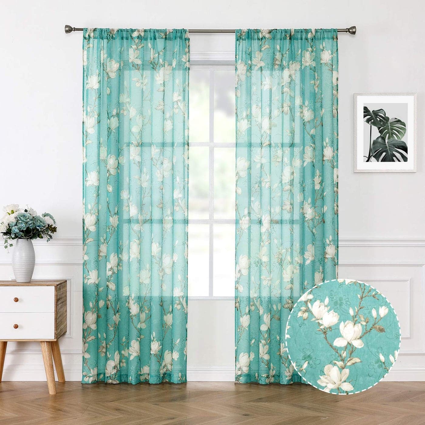Tollpiz Floral Short Turquoise Sheer Curtain Flower Print Vine Embroidery Bedroom Curtains Rod Pocket Voile Window Curtain for Living Room 54 x 54 inches Long Set of 2 Panels