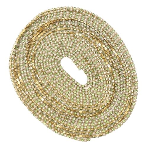Embroiderymaterial 3MM Rhinestone Cup Chain – Cream Pearl & Paradise Green Two-Colour Acrylic Pearl & Glass Crystal Brass Catcher Chain for Craft, Embroidery & Jewellery Making | 12SS | 5 Metres