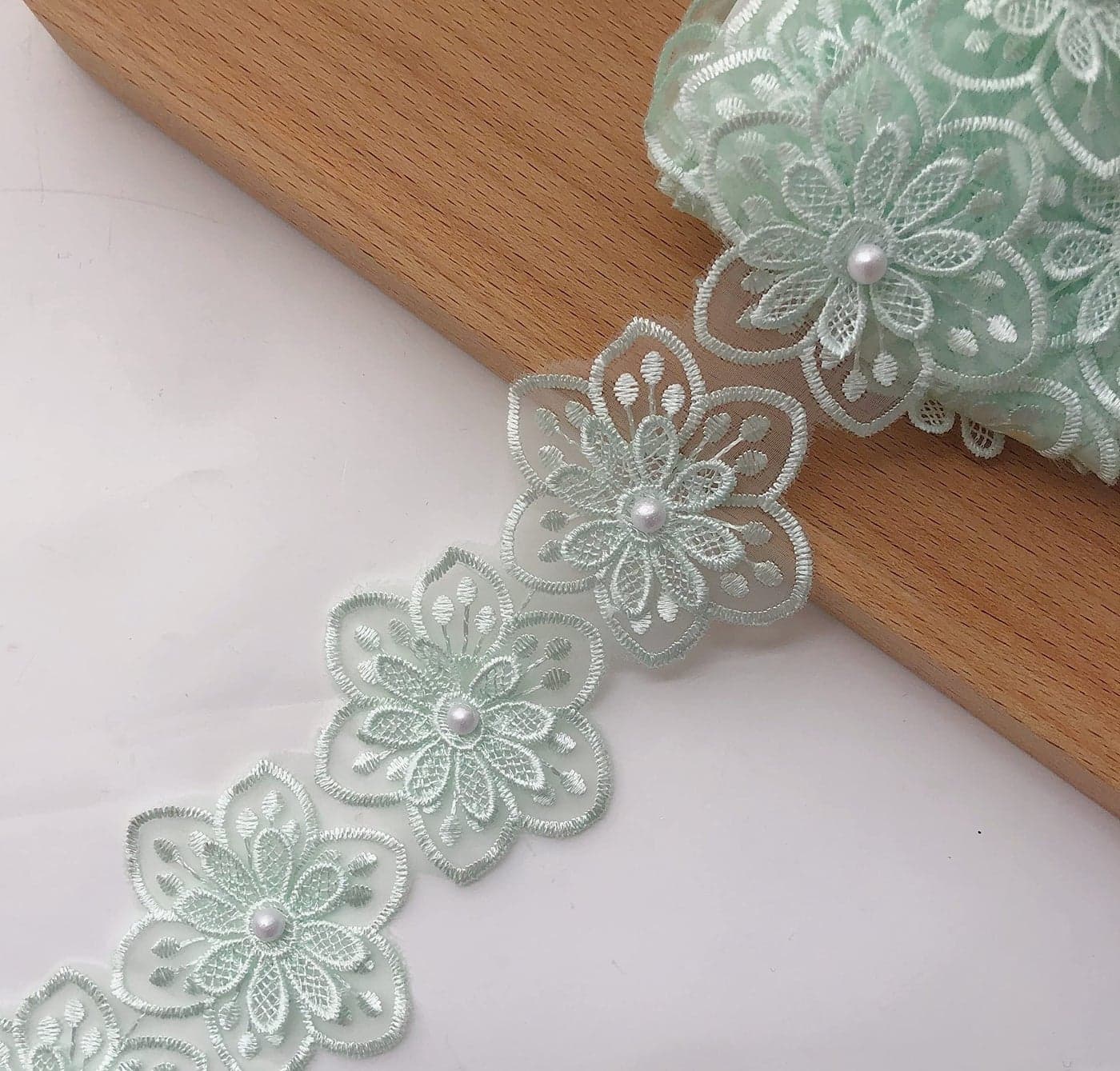 Simpless 3Yards Pink Flower Lace Pearl TrimEmbroidered Sewing Lace Applique for DIY Sewing Crafts Wedding Dress Home dcor