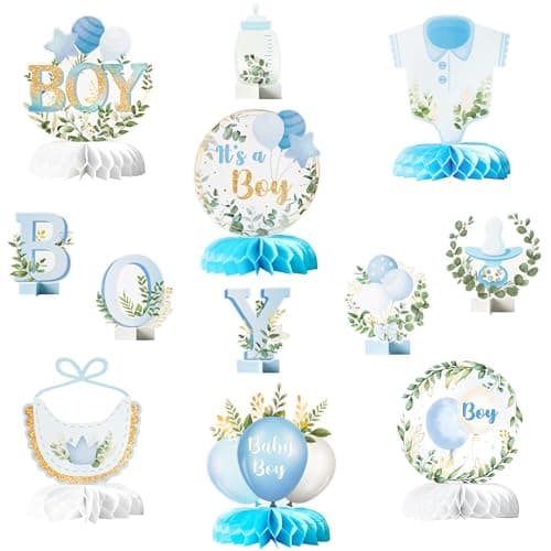 ANGOLIO 12Pcs Its a Boy Baby Shower Honeycomb Centerpieces Watercolor Blue Baby Shower Party Honeycomb Centerpieces Boy Baptism Decorations for Table Gender Reveal Baptism 1th Birthday Party Supplies