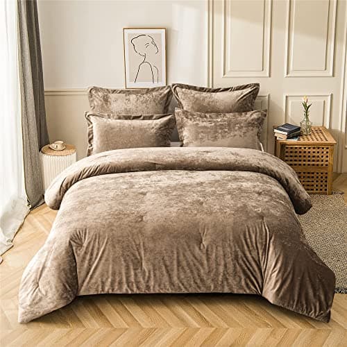 Fredsure Distressed Velvet Comforter Set, 5 Pieces Khaki King, Distressed Velvet Face and Brushed Microfiber Reverse