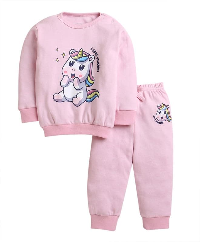 BUMZEE Light Pink Girls Full Sleeves Cotton Sweatshirt & Jogger Set Age - 6-12 Months (Peb10007C-lpk)