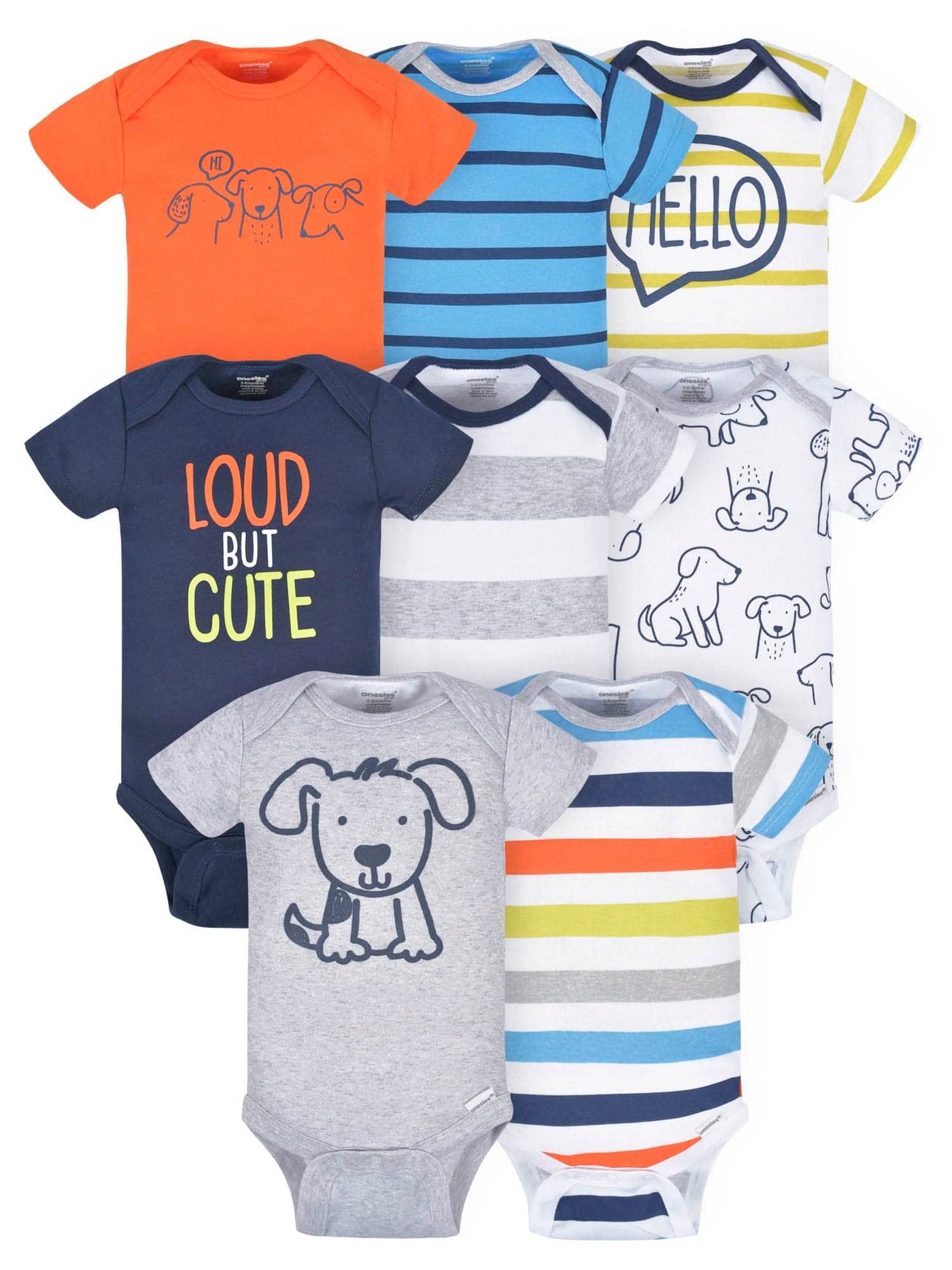 Onesies Brand Baby Boys 8Pack Short Sleeve Mix Match Bodysuits Loud Cute Dog 12 Months