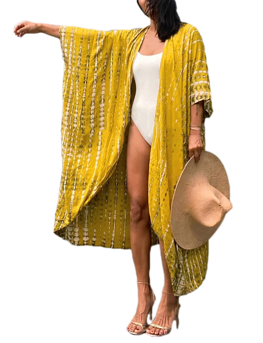 Bsubseach Stylish Tie Dye Open Front Long Kimono Swimsuit Cover Up for Women Swimwear Cover Ups Yellow White
