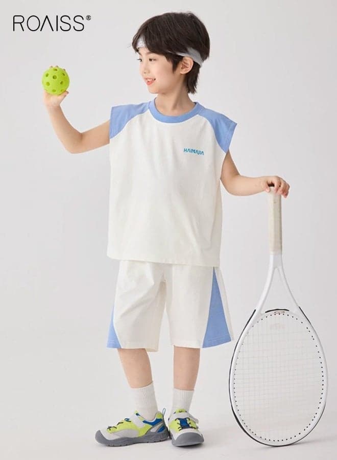 Boys 2PCS Sportswear Set, Color Block Crew Neck Tank Top and Elastic Waist Shorts, Soft Breathable Quick-drying Activewear Outfit for Kids, Ideal for Tennis, Running, Casual Play and Outdoor