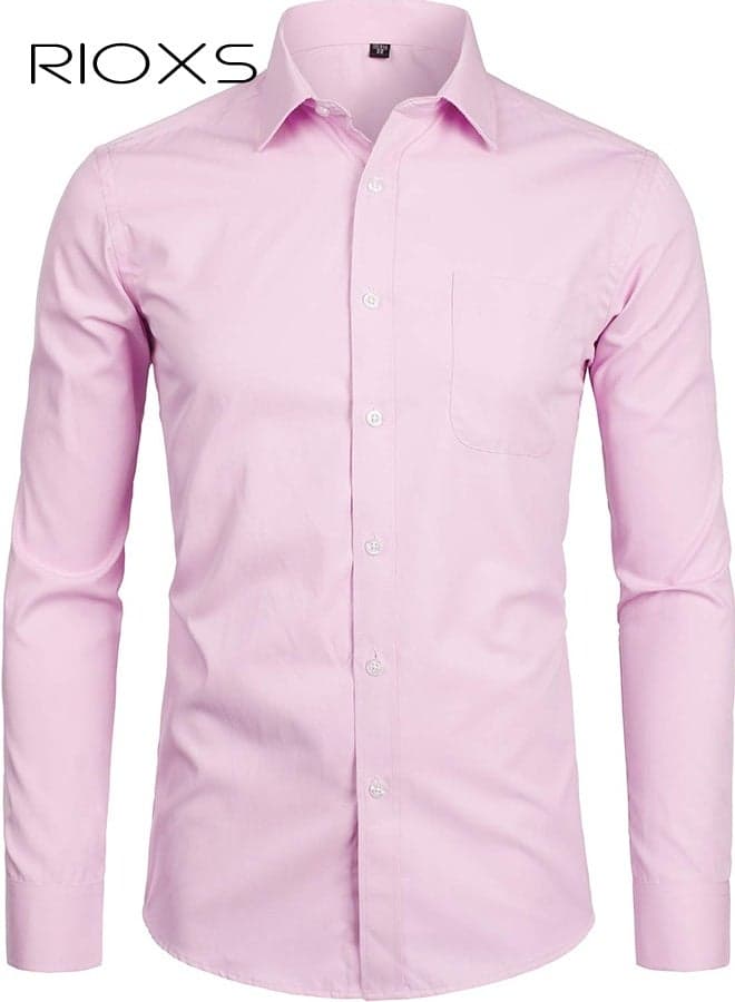 Men's Pink Dress Shirt, Stand Collar Long Sleeve Formal Shirt with Chest Pocket, Business Casual Office Wear, Lightweight Breathable Fabric, Slim Fit Button Down Shirt for Men, All Season Versatile Dress Shirt, Wedding Guest Pink Formal Shirt, Gala Dinner Appropriate Attire