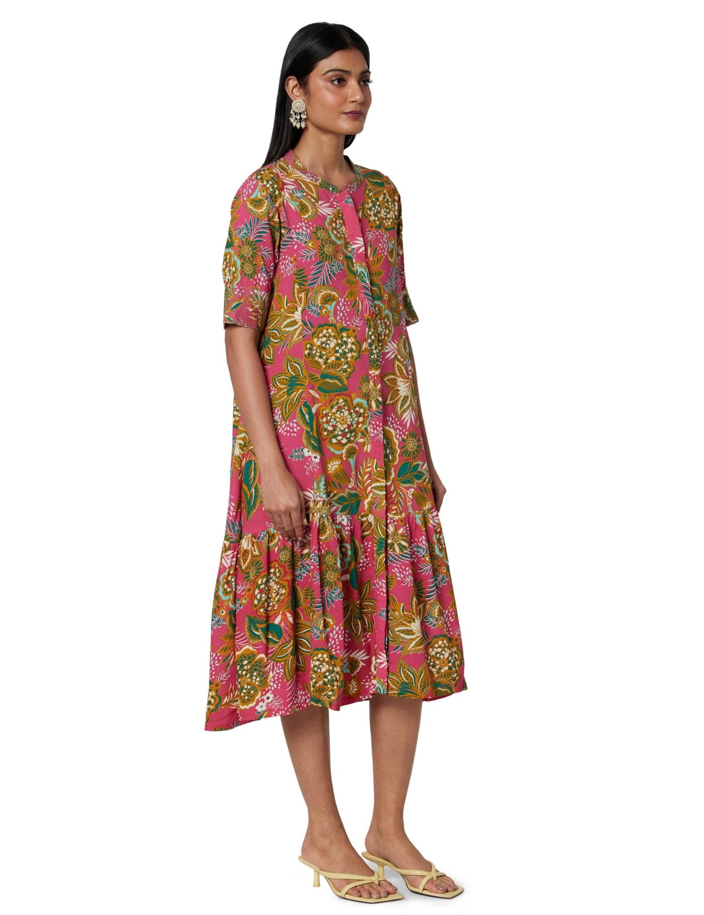 BIBA Women Printed Straight Calf Length Mix & Match (Casual D2162_Fuchsia_34, Dress)