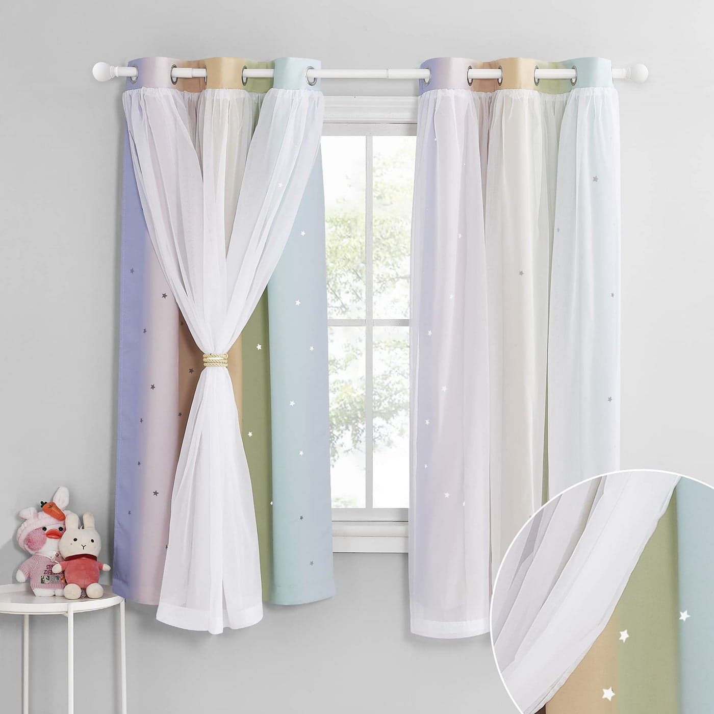 NICETOWN Star Curtains for Kids Room Girls Bedroom Decor Light Blocking Voile Overlay Princess Star Hollowed Curtain for NurseryThanksgiving 2 Panels W42 x L63 Rainbow
