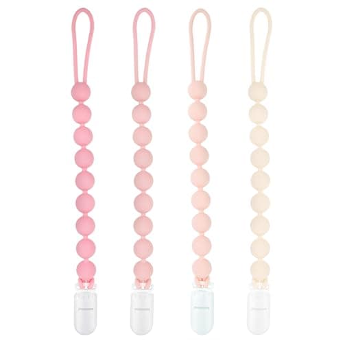 MINMUNJIU Baby Girl Newborn Essentials, 4 Pack Silicone Pacifier Clips for Girls, One Piece Flexible Soft Binky Clips Baby Stuff and Gifts for Girls