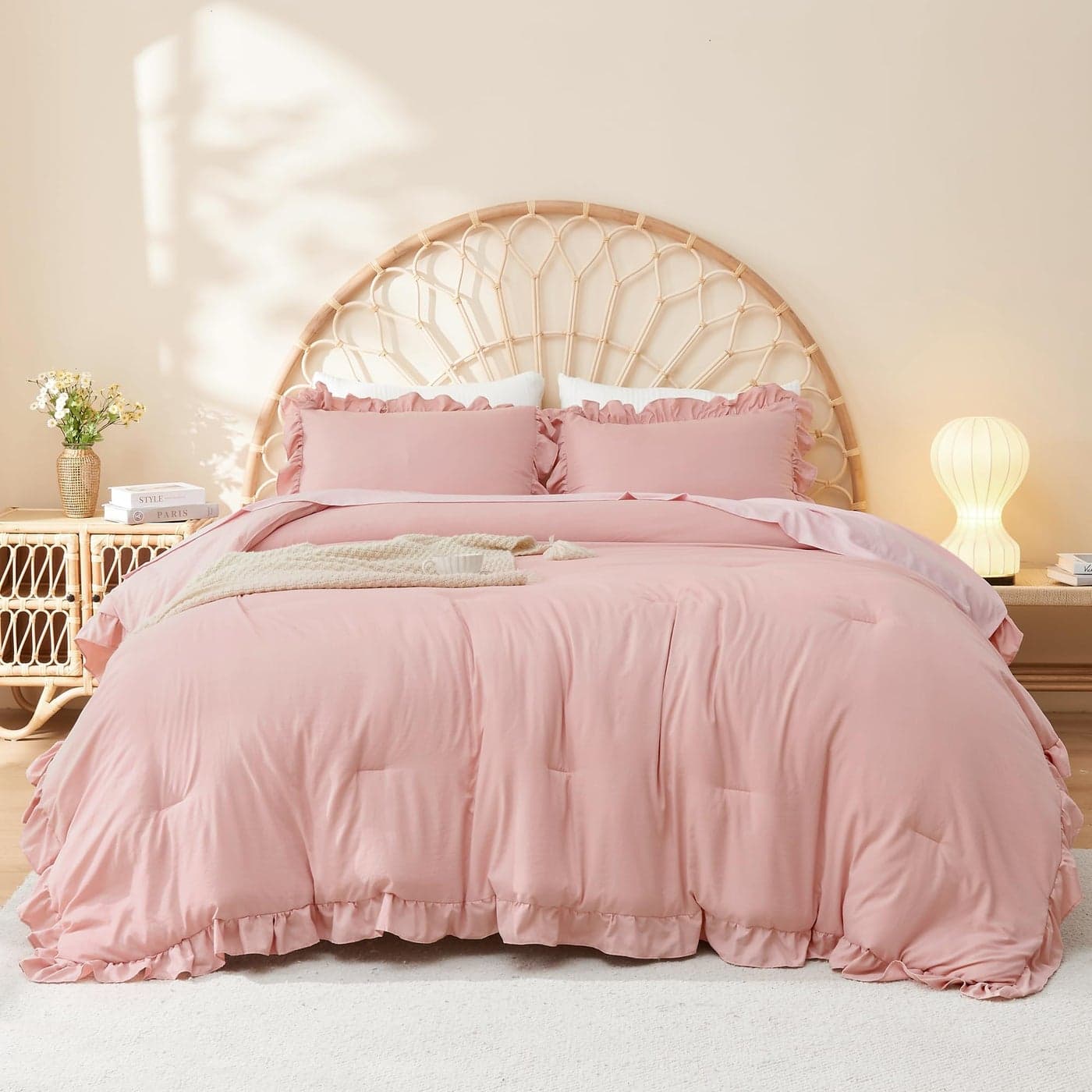 Litanika Full Size Comforter Sets 3 Pieces Blush Pink Ruffle Girls Women Cute Bedding Comforters Sets Lightweight Fluffy Microfiber as Gift 79x90In Comforter 2 Pillowcases