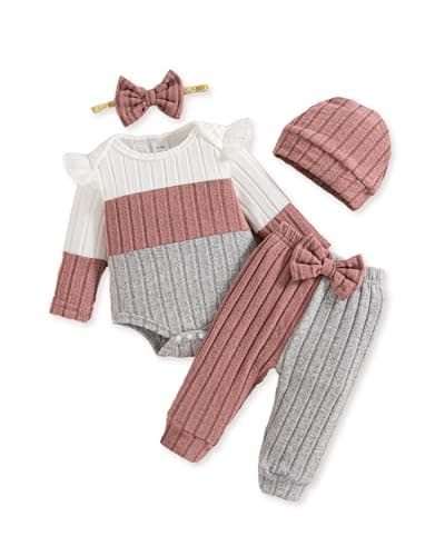 Mioglrie Baby Girl Clothes 3-6 Months Newborn Infant Girl Fall Winter Outfits Pink Color Block Pants Set 4Pcs Baby Girls Clothing Set with Headband and Hat