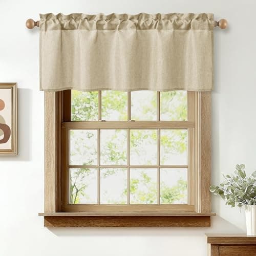 JIUZHEN Faux Linen Window Valance - Beige Light Filtering Rod Pocket Farmhouse Valances for Kitchen, Living Room, Bathroom, 42x18 Inch, 1 Panel