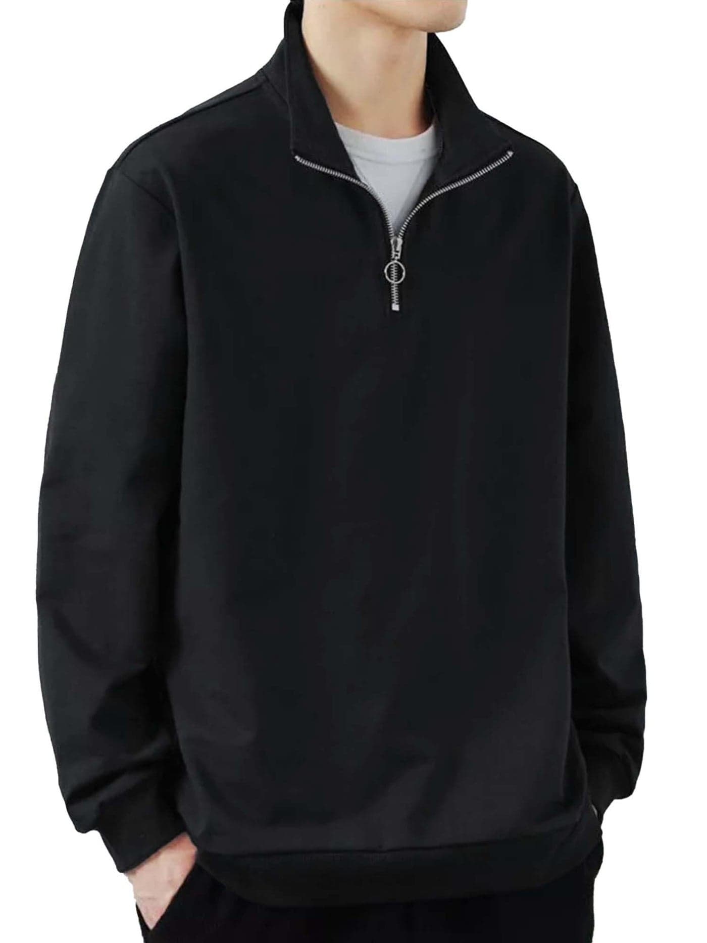 JC JUMP CUTS JUMP CUTS Mens Solid Henley Neck Full Sleeve Black Half Zipper Loopknit Regular Fit Sweatshirt, Medium