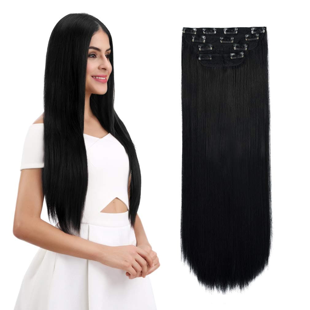 REECHO MultiLength 20 22 24 Long Straight Synthetic 4 PCS Set Thick Clip in on Hair Extensions Natural Black
