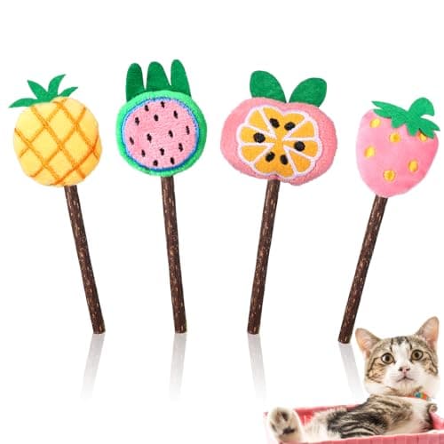 Ptwola 4 Pcs Natural Fruit Silvervine Sticks Cat Kittens Chew Toys Indoor Lollipops Interactive Cat DentalTeething Nip Treat Toys Care Teeth Cleaning for Bored Essentials Increase Appetite Kicker