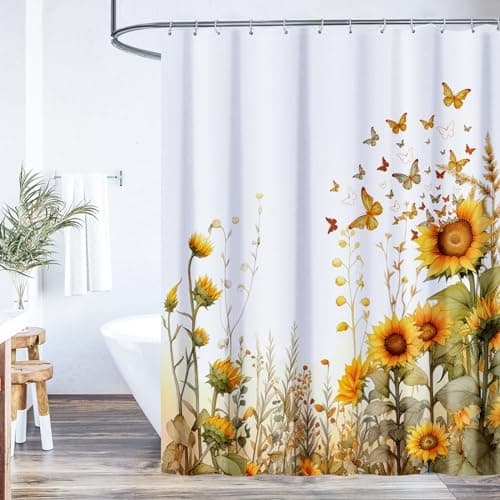 Butterfly Sunflower Shower Curtain,Yellow Sunflower Bath Curtain Farmhouse Bathroom Decor,Rustic Floral Fabric Decorative Shower Curtain,Waterproof Bathroom Shower Curtain Set with 12 Hooks 72"x72"