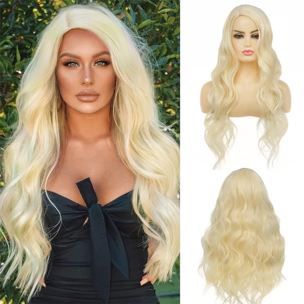 Curly Long Blonde Wig for Women Wavy Side Part Wig Natural Synthetic Hair for Cosplay Costume Hair Wigs for WomenBlonde