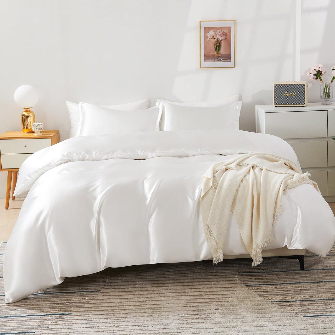 HOdo Home Satin Duvet Cover Queen Size 3PCS Silk Like Comforter Cover Ultra Soft and Breathable Bedding Set with Zipper Closure Corner TiesWhite