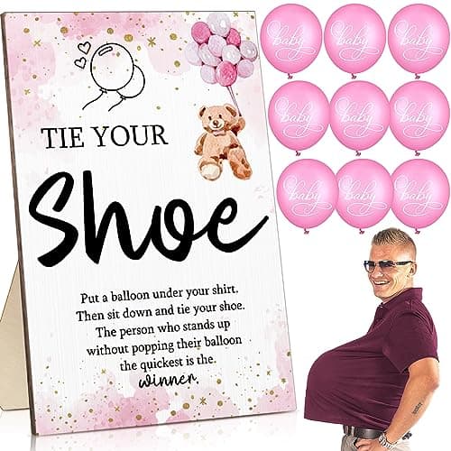 Roowest 51 Pcs Tie Your Shoe Baby Shower Game Sign Wooden Sign Greenery Gift Sets Gender Reveal Party Favors 50 Balloons Latex Balloons for Game SuppliesPinkBear