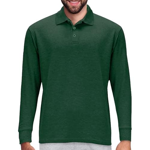 Premium Wear Long Sleeve Polo Shirt for Men, Cotton-Blend Fabric Golf Shirt with Collar, 3-Button Placket, Stain Guard, Elastic Cuffs, Side Split Hem, Casual Tennis Shirt Work & Play, Hunter Green M