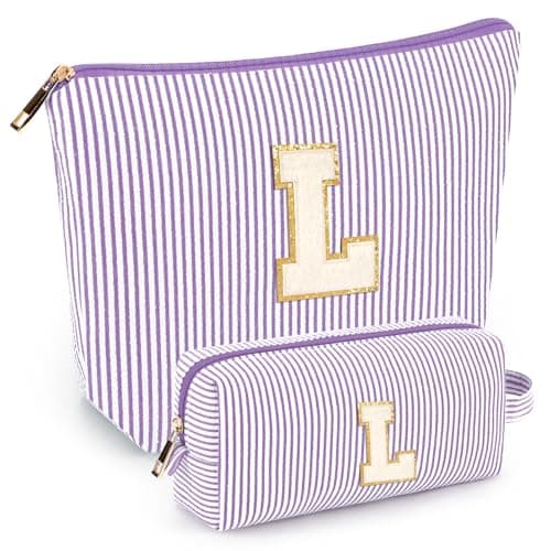 2 PCS Initial Makeup Bags for Women: Cosmetic Bag for Travel Toiletry - Birthday Gifts for 11 12 13 14 15 16 17 18 Years Old Girl Graduation Teacher Gift- Teen Girl Gifts Trendy Stuff - Purple L