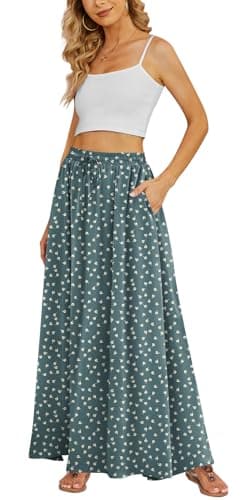 Yincro Women's Flowy Maxi Skirt Summer Pleated High Waisted Casual Long Skirts with Pockets (Tulips Gray Green, L)