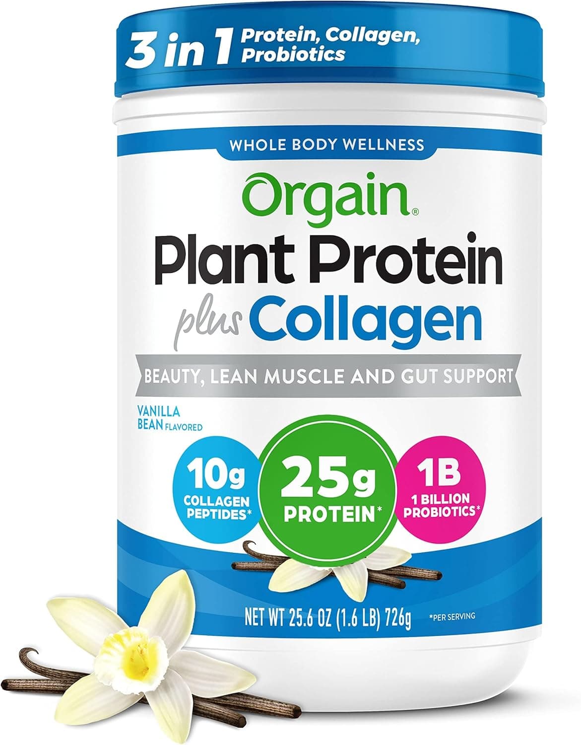 Orgain Protein Powder Collagen Vanilla Bean 25g of Protein 10g Collagen Peptides Type I III 1B CFU Probiotics Supports Hair Skin Nail Joint Gut Health Gluten Free 16lb