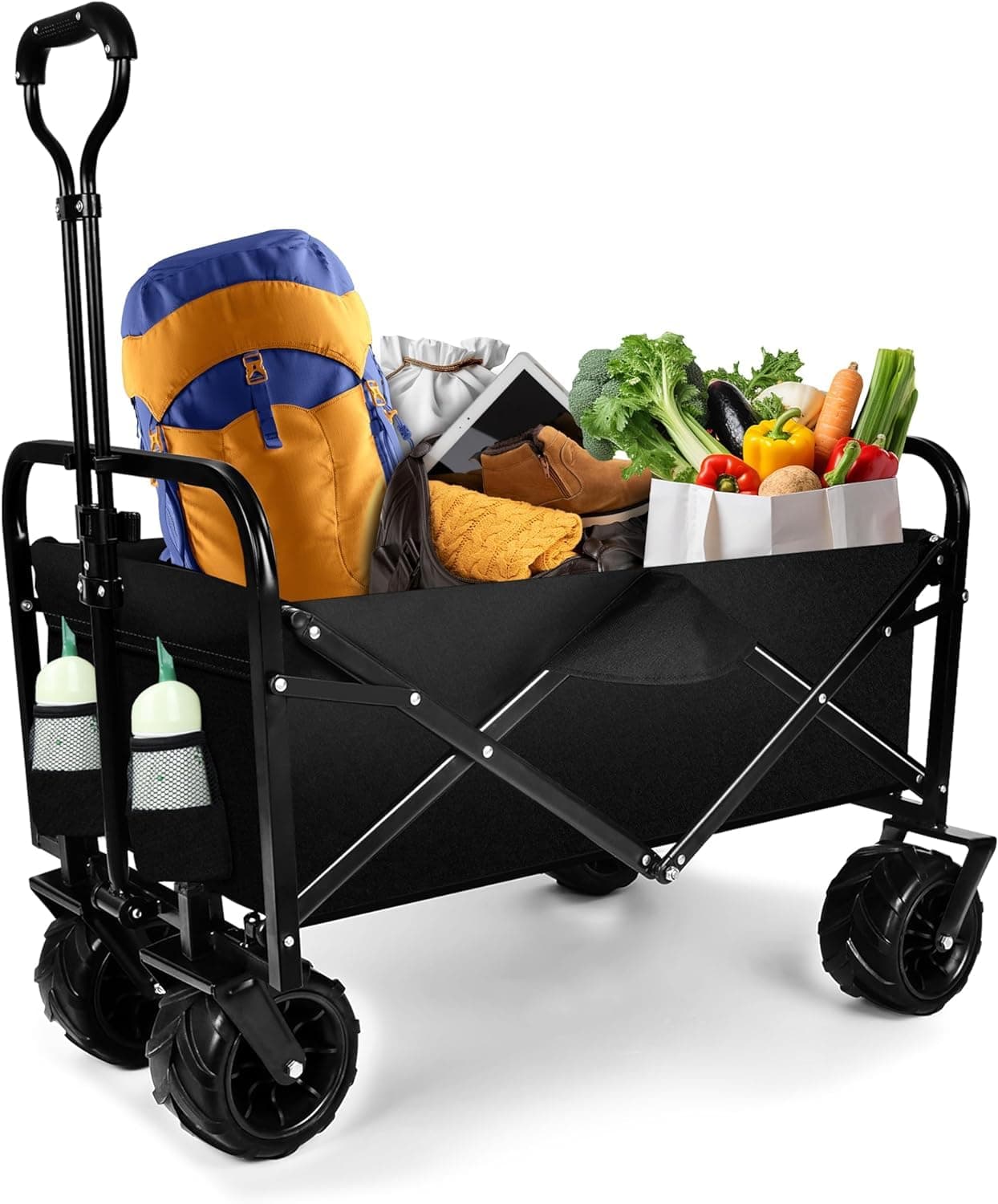 Delavala 3 in 1 Collapsible Wagon Converts to Bench, 220lbs Foldable Wagon Cart with Wheels, 120L Shopping Cart for Groceries Folding Utility Wagon for Beach, Garden, Camping, Sport, Wheel (L)