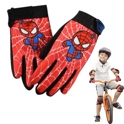 PROBEROS Cotton Kids Riding Gloves, Red Hero Cartoon Print Outdoor Thermal Anti-Slip Palm Design Gloves, Protective Full Finger Adjustable Wrist, Age for 2-5 Kids - S, Cycling