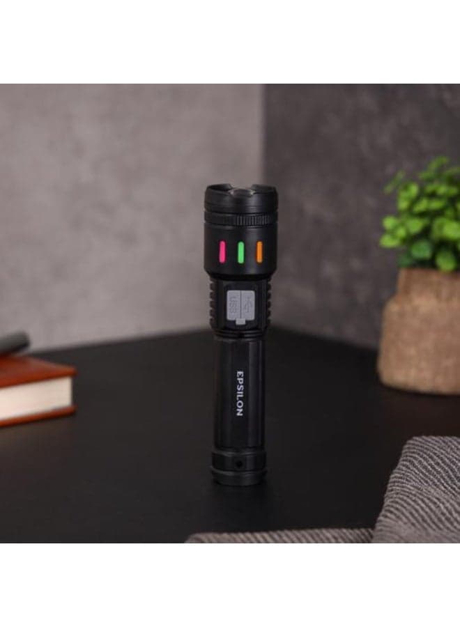 Epsilon Rechargeable Zoom Flashlight EPSL230, High Brightness P50 LED Torch with RGB Lighting, USB Fast Charging, 3 Light Modes & Zoom Function, Portable ABS Body, Black