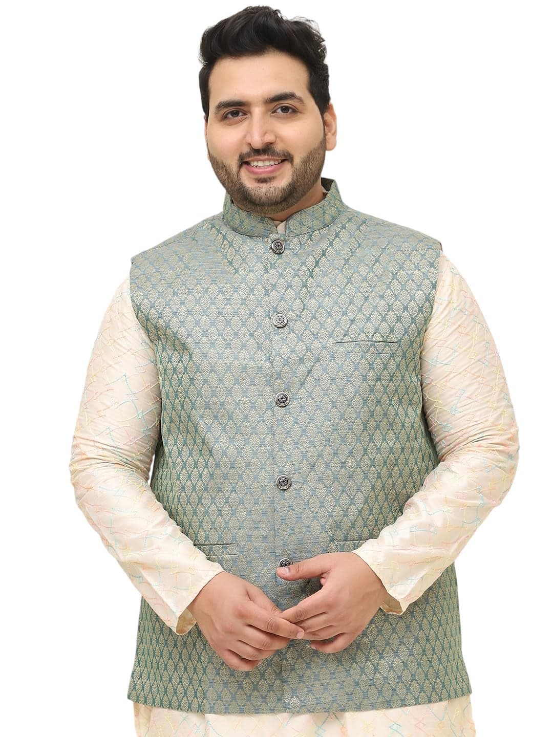 SOJANYA Plus (Since 1958) Men's Jacquard Silk Self Design Teal Green ONLY Nehrujacket