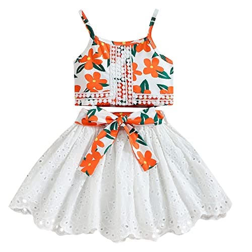 Hopscotch Polyester Girls Floral Print Slim Fit Blouseskirt Set In Orange Color For Ages 2-3 Years