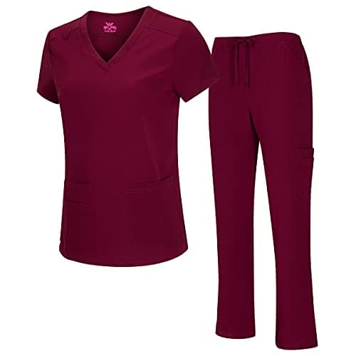 Natural Uniforms Women's Cool Stretch V-Neck Top and Cargo Pant Set (Burgundy, X-Small)
