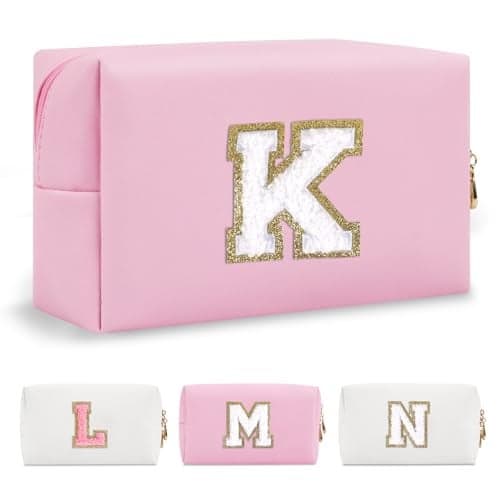 Personalized Initial A-Z Preppy Patch Makeup Bag,Small PU Chenille Letter Cosmetic Bag with Zipper for Teen Girls,Pink Cute Toiletry Organizer Bag,Monogram Makeup Case Gift for Women Girls,Letter K