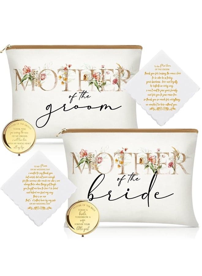 6 Pack Mother of the Groom Mother of the Bride Cosmetic Bag Wedding Gifts Mother of Bride and Groom Makeup Mirror Mom Handkerchief for Mother and Mom in Law for Engagement Favor (Fresh Flowers)