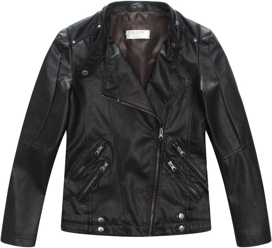 LJYH Boys Faux Leather Motorcycle Jacket - Black, Size 7-8 Years