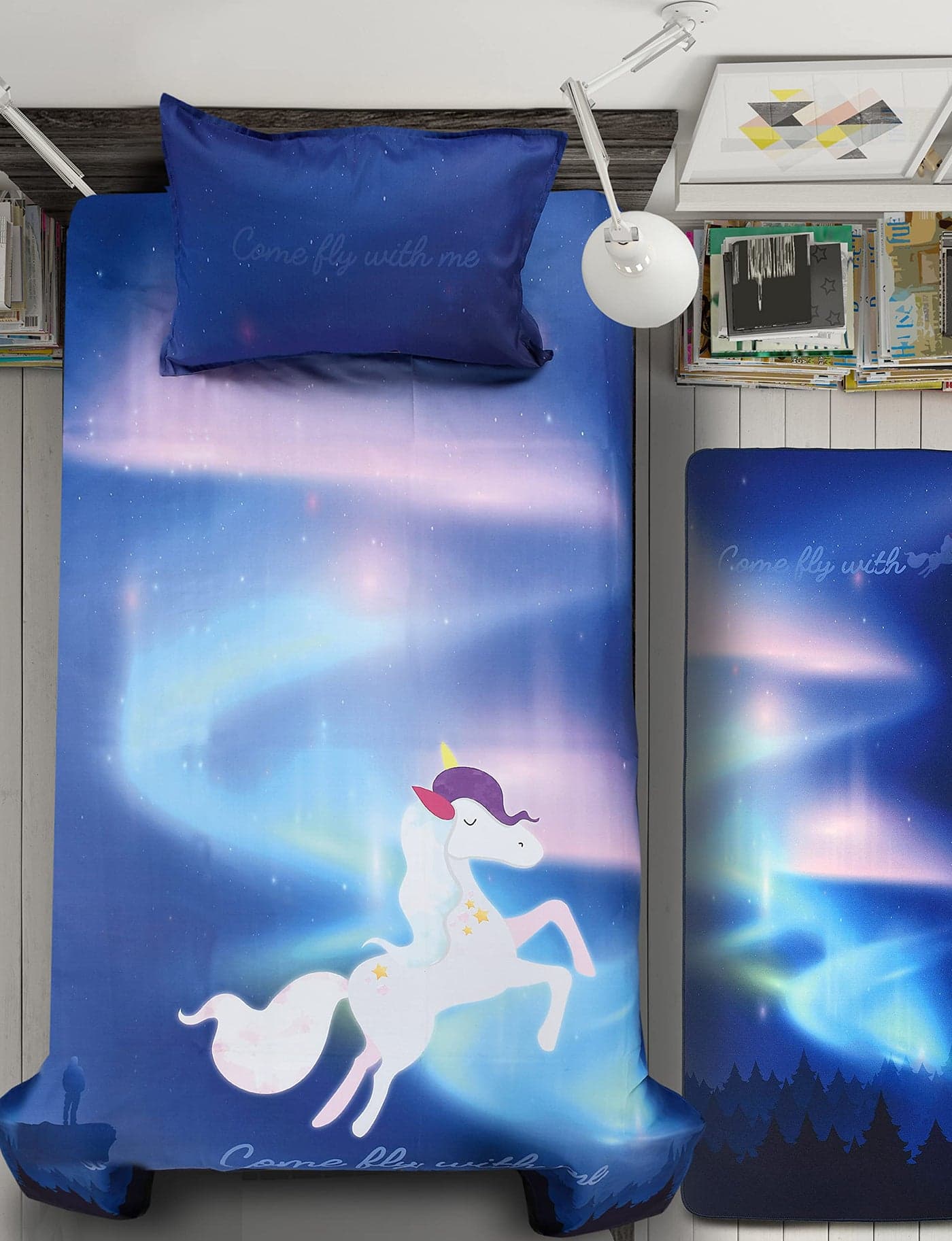 Saral Home Unicorn Cotton Single Size Bedcover (60"X90") with 1 Pillow Cover (17"x27")-Blue