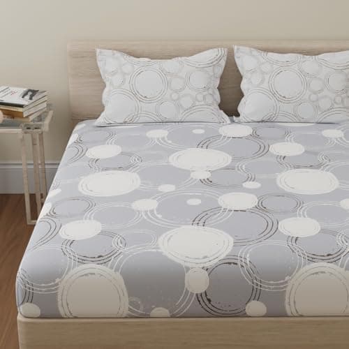 Huesland by Ahmedabad Cotton 144 TC Cotton King Size Bedsheet with 2 Pillow Covers | Sphere | 108 x 108 inches | Grey & Off White