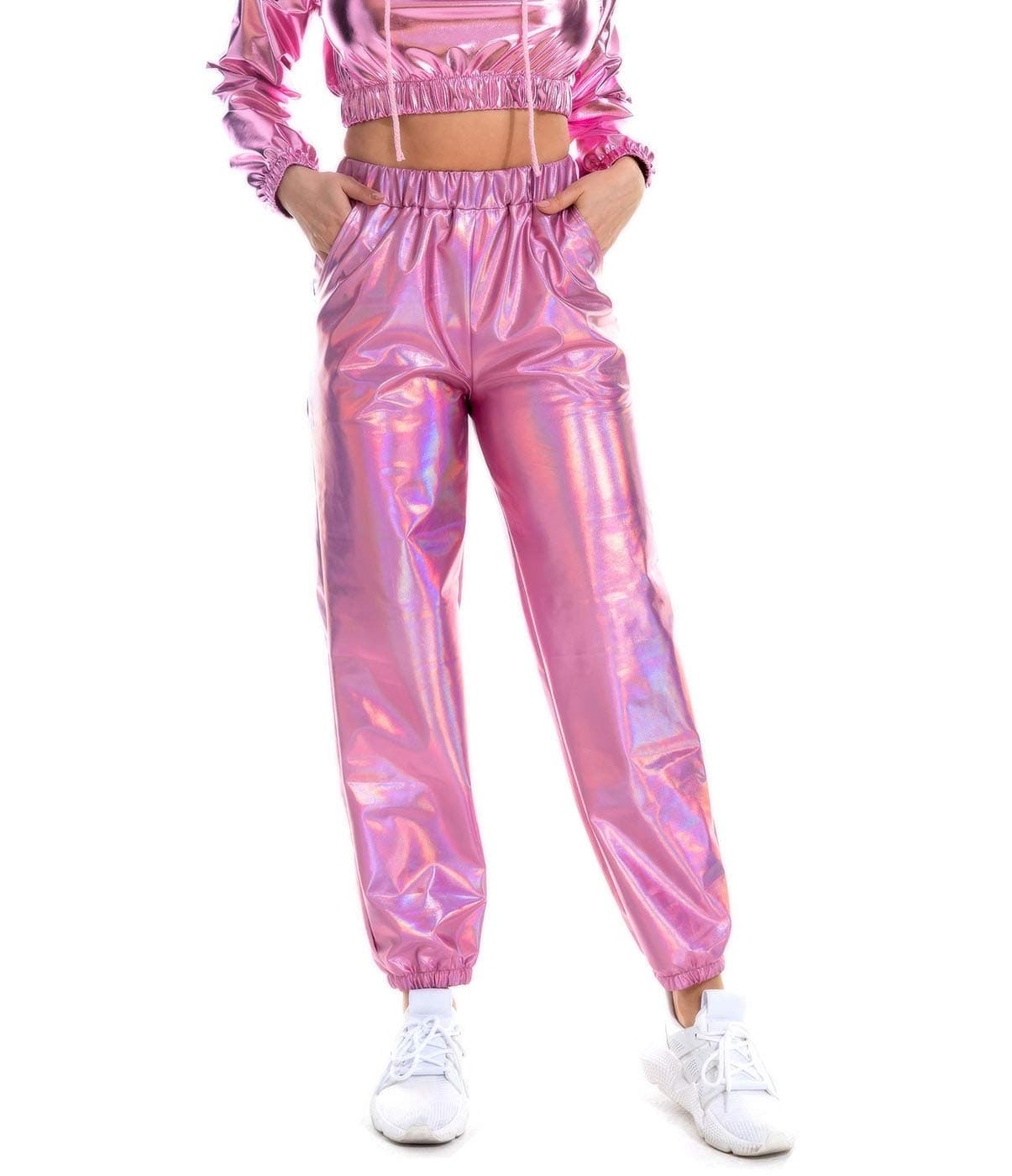 SIAEAMRG Womens Shiny Metallic High Waist Stretchy Jogger Pants, Wet Look Hip Hop Club Wear Holographic Trousers Sweatpant (Pink, L)