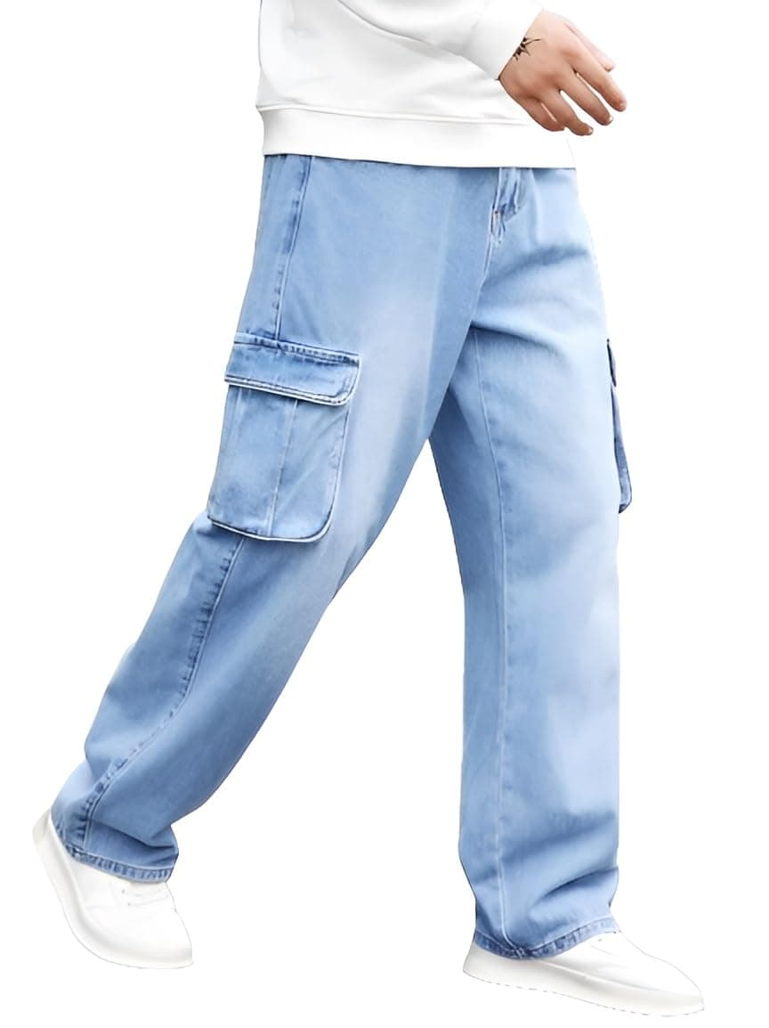 Ben Martin Men's Baggy Cargo Jeans || Oversized Loose Fit Wide Leg Denim Pants || Stretchable Roomy Pocket Casual Style || Light Blue High Rise Jeans Size 36