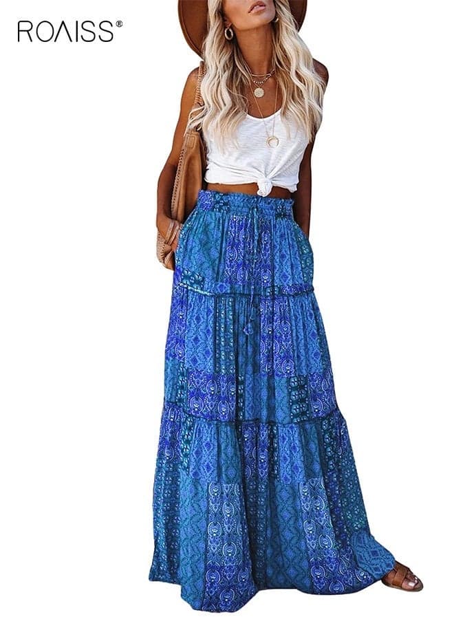Women's Casual High Waist Tiered Print Long Maxi Skirt with Pockets, Bohemian Loose Beach Skirt for Vacation