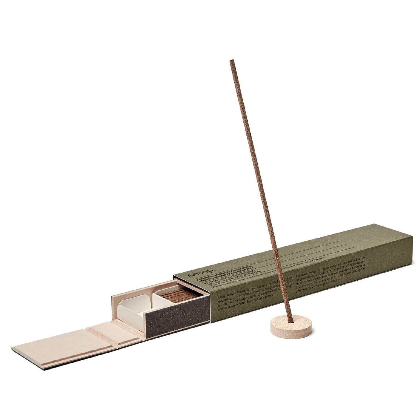 Aesop Kagerou Aromatique Incense Earthy Smoky Vetiver Scent Includes Kanuma Pumice Holder 30Minute Burn Time Green Herbaceous Woody Aroma 33 Sticks