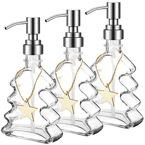 Skyley 3 Set Christmas Tree Soap Dispenser with Stainless Steel Pump Xmas Decorative Bathroom Hand Shaped Empty Bottles for Dish Kitchen