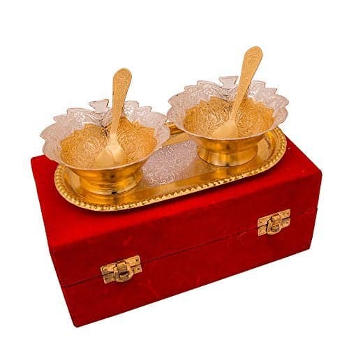 JAIPUR ACE Beautiful Silver and Gold Plated Leaf Shaped Bowls Set with Tray