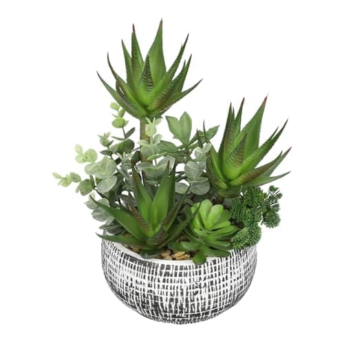 11” Large Succulents Aloe Plants Artificial in Ceramic Pots Potted Faux Succulent Eucalyptus Arrangement with Black Bowl Pots Fake Desk Succulents Plants for Home Bathroom Shelf Table Indoor Decor