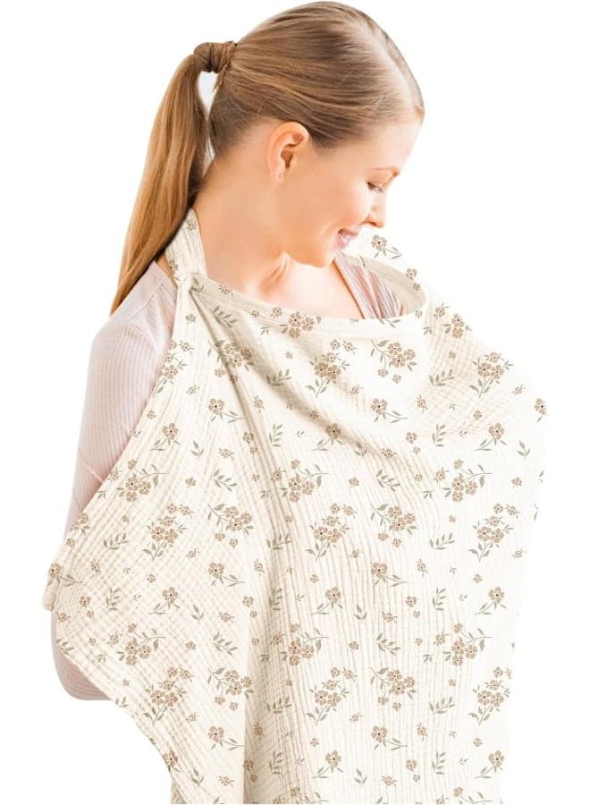 Konssy Muslin Nursing Cover for Baby Breastfeeding, Breathable 100% Cotton Breastfeeding Cover with Rigid Hoop for Mother Nursing Apron, Multi-use Carseat Canopy (Blossom)