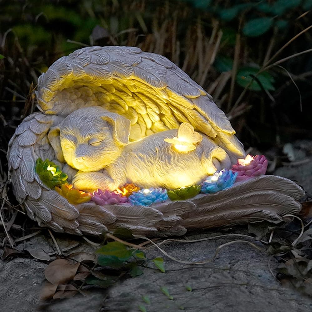 VKEVOC Dog Memorial StoneDog Memorial Pet Memorial Stone with Solar Angel Statue Ideal for Garden or Tombstone Commemoration